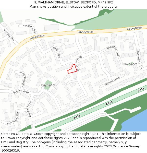 9, WALTHAM DRIVE, ELSTOW, BEDFORD, MK42 9FZ: Location map and indicative extent of plot