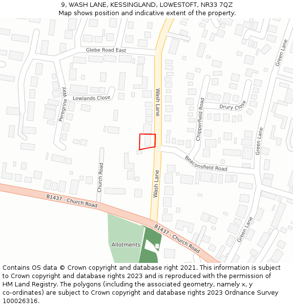 9, WASH LANE, KESSINGLAND, LOWESTOFT, NR33 7QZ: Location map and indicative extent of plot