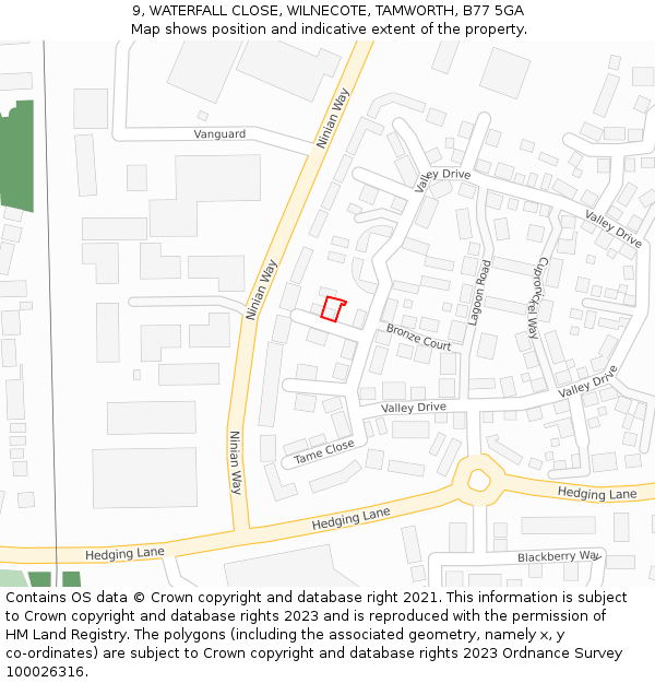 9, WATERFALL CLOSE, WILNECOTE, TAMWORTH, B77 5GA: Location map and indicative extent of plot