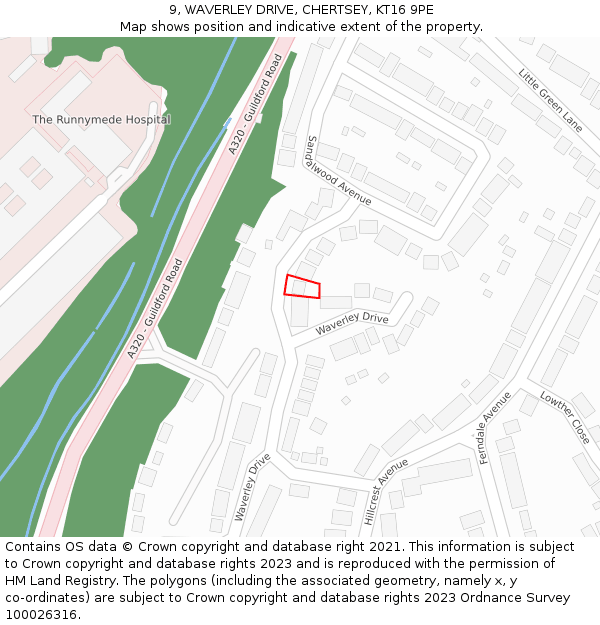 9, WAVERLEY DRIVE, CHERTSEY, KT16 9PE: Location map and indicative extent of plot