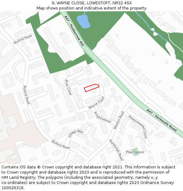 9, WAYNE CLOSE, LOWESTOFT, NR32 4SX: Location map and indicative extent of plot