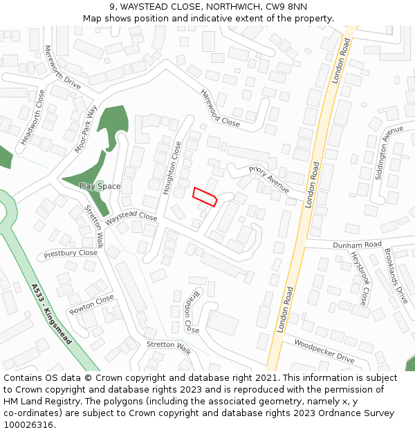 9, WAYSTEAD CLOSE, NORTHWICH, CW9 8NN: Location map and indicative extent of plot
