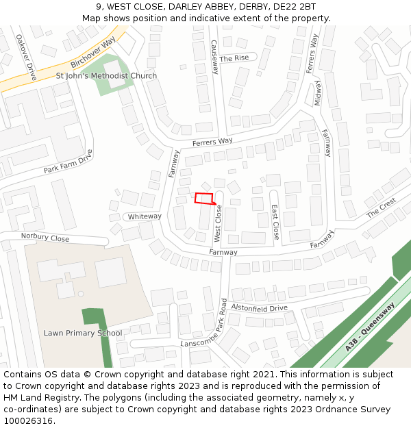 9, WEST CLOSE, DARLEY ABBEY, DERBY, DE22 2BT: Location map and indicative extent of plot