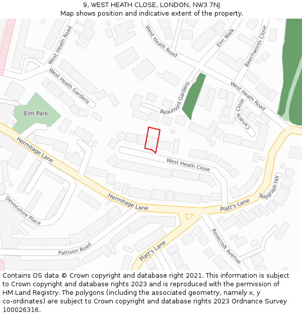 9, WEST HEATH CLOSE, LONDON, NW3 7NJ: Location map and indicative extent of plot