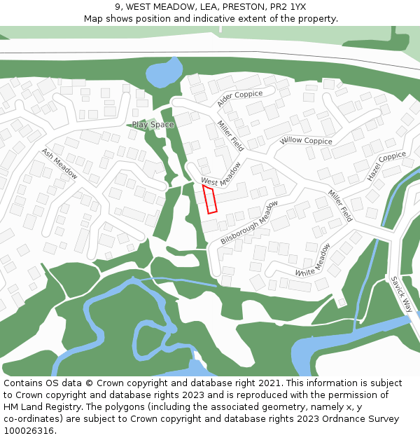 9, WEST MEADOW, LEA, PRESTON, PR2 1YX: Location map and indicative extent of plot