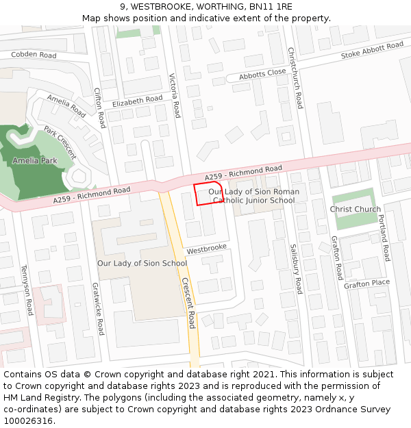 9, WESTBROOKE, WORTHING, BN11 1RE: Location map and indicative extent of plot
