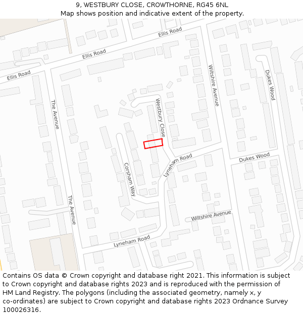 9, WESTBURY CLOSE, CROWTHORNE, RG45 6NL: Location map and indicative extent of plot