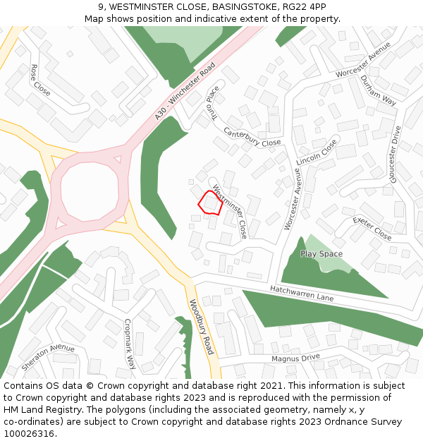 9, WESTMINSTER CLOSE, BASINGSTOKE, RG22 4PP: Location map and indicative extent of plot