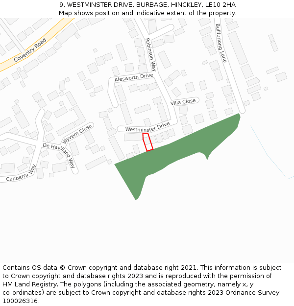 9, WESTMINSTER DRIVE, BURBAGE, HINCKLEY, LE10 2HA: Location map and indicative extent of plot