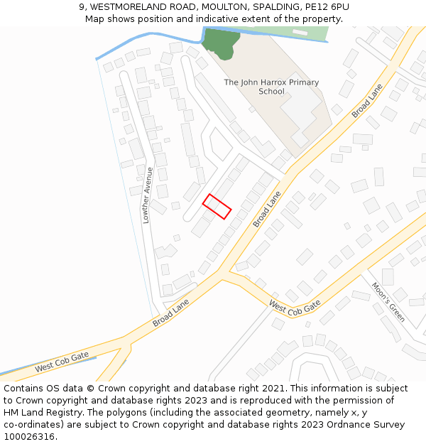 9, WESTMORELAND ROAD, MOULTON, SPALDING, PE12 6PU: Location map and indicative extent of plot