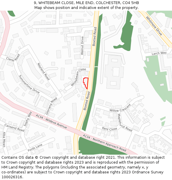 9, WHITEBEAM CLOSE, MILE END, COLCHESTER, CO4 5HB: Location map and indicative extent of plot
