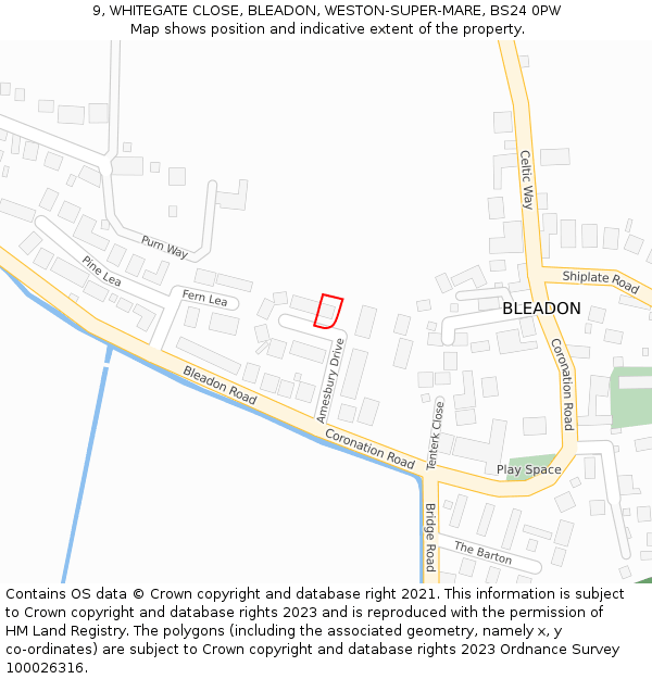 9, WHITEGATE CLOSE, BLEADON, WESTON-SUPER-MARE, BS24 0PW: Location map and indicative extent of plot