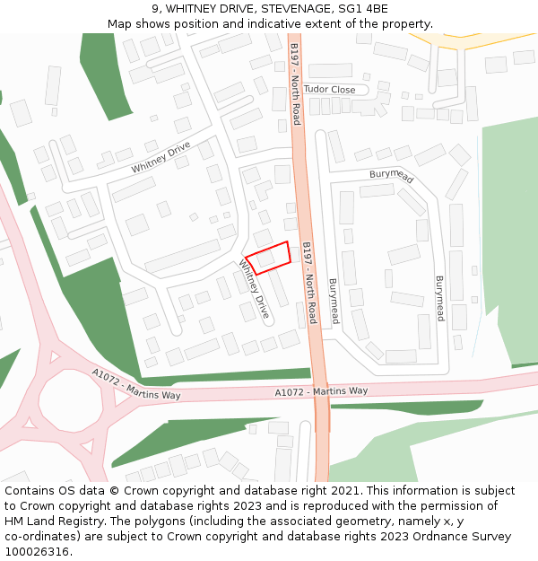 9, WHITNEY DRIVE, STEVENAGE, SG1 4BE: Location map and indicative extent of plot