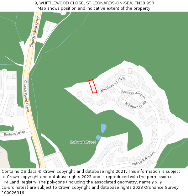 9, WHITTLEWOOD CLOSE, ST LEONARDS-ON-SEA, TN38 9SR: Location map and indicative extent of plot
