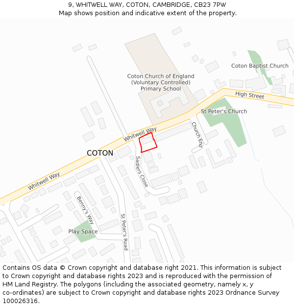 9, WHITWELL WAY, COTON, CAMBRIDGE, CB23 7PW: Location map and indicative extent of plot