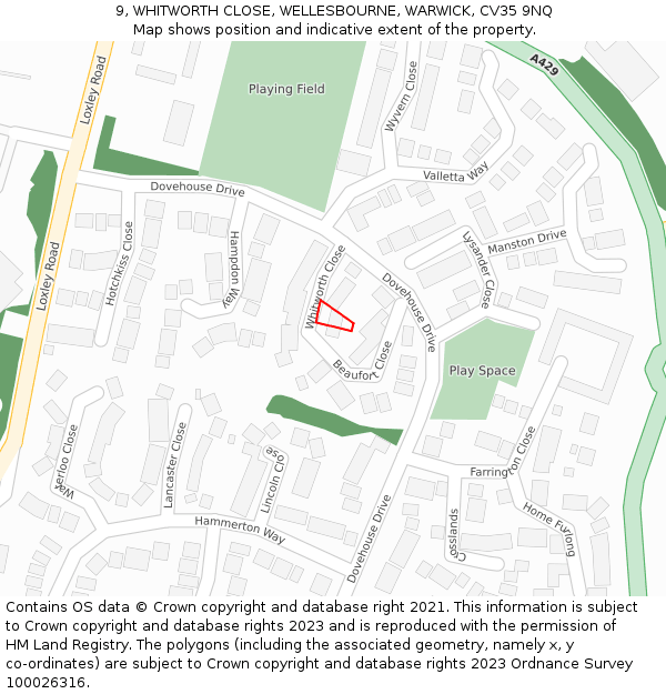 9, WHITWORTH CLOSE, WELLESBOURNE, WARWICK, CV35 9NQ: Location map and indicative extent of plot