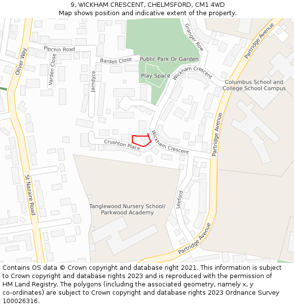 9, WICKHAM CRESCENT, CHELMSFORD, CM1 4WD: Location map and indicative extent of plot
