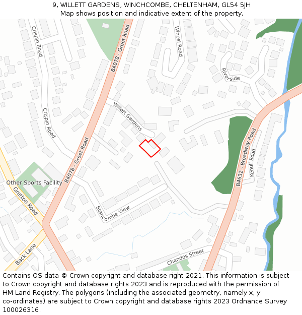 9, WILLETT GARDENS, WINCHCOMBE, CHELTENHAM, GL54 5JH: Location map and indicative extent of plot