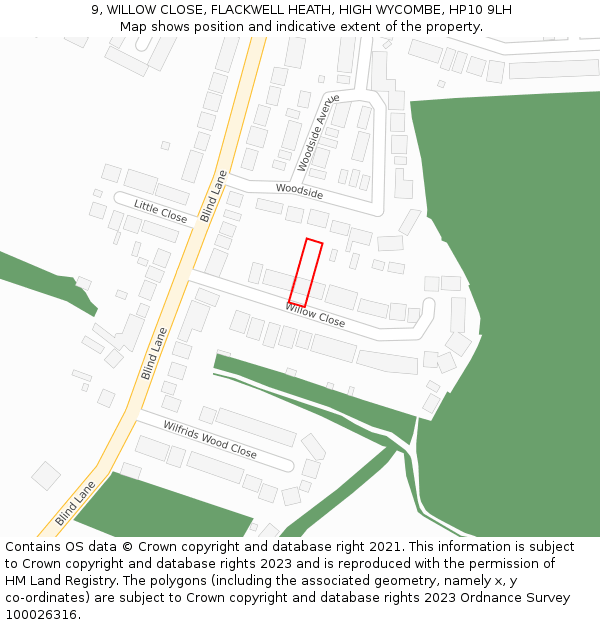 9, WILLOW CLOSE, FLACKWELL HEATH, HIGH WYCOMBE, HP10 9LH: Location map and indicative extent of plot