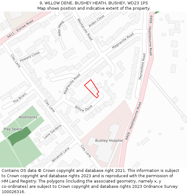 9, WILLOW DENE, BUSHEY HEATH, BUSHEY, WD23 1PS: Location map and indicative extent of plot