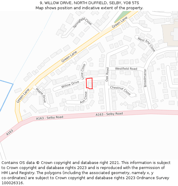 9, WILLOW DRIVE, NORTH DUFFIELD, SELBY, YO8 5TS: Location map and indicative extent of plot