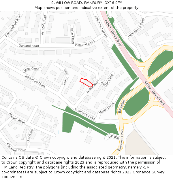 9, WILLOW ROAD, BANBURY, OX16 9EY: Location map and indicative extent of plot