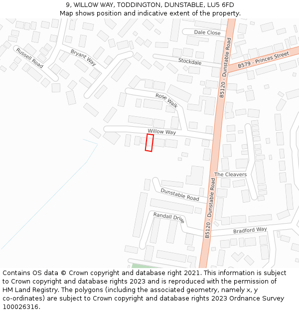 9, WILLOW WAY, TODDINGTON, DUNSTABLE, LU5 6FD: Location map and indicative extent of plot
