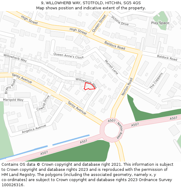 9, WILLOWHERB WAY, STOTFOLD, HITCHIN, SG5 4GS: Location map and indicative extent of plot