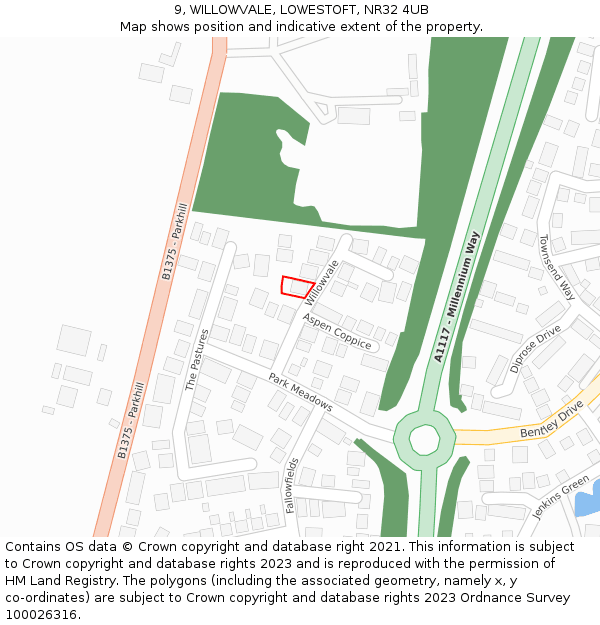9, WILLOWVALE, LOWESTOFT, NR32 4UB: Location map and indicative extent of plot