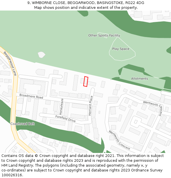 9, WIMBORNE CLOSE, BEGGARWOOD, BASINGSTOKE, RG22 4DG: Location map and indicative extent of plot