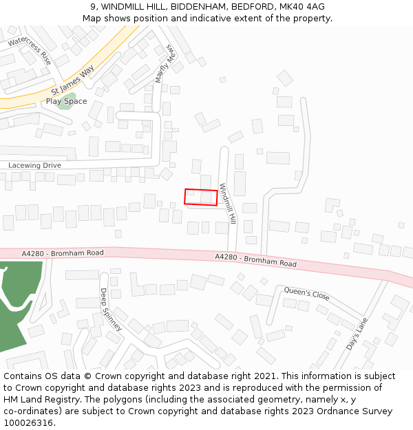 9, WINDMILL HILL, BIDDENHAM, BEDFORD, MK40 4AG: Location map and indicative extent of plot