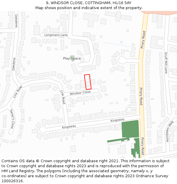 9, WINDSOR CLOSE, COTTINGHAM, HU16 5AY: Location map and indicative extent of plot