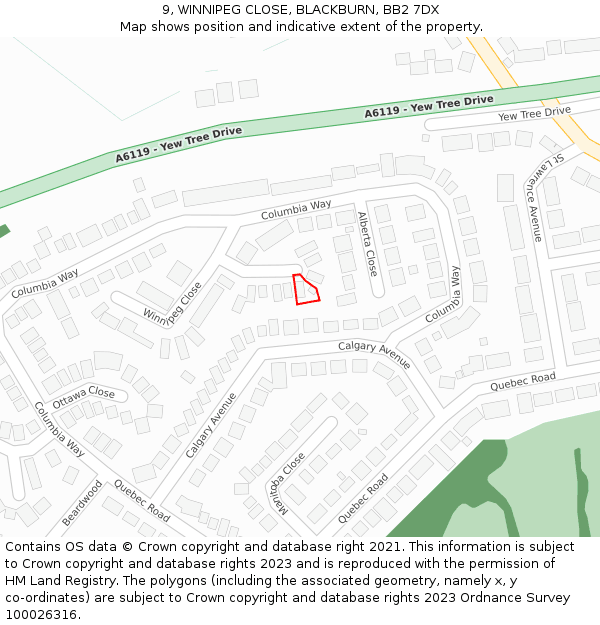 9, WINNIPEG CLOSE, BLACKBURN, BB2 7DX: Location map and indicative extent of plot