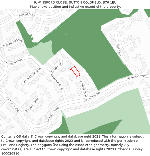 9, WINSFORD CLOSE, SUTTON COLDFIELD, B76 1EU: Location map and indicative extent of plot