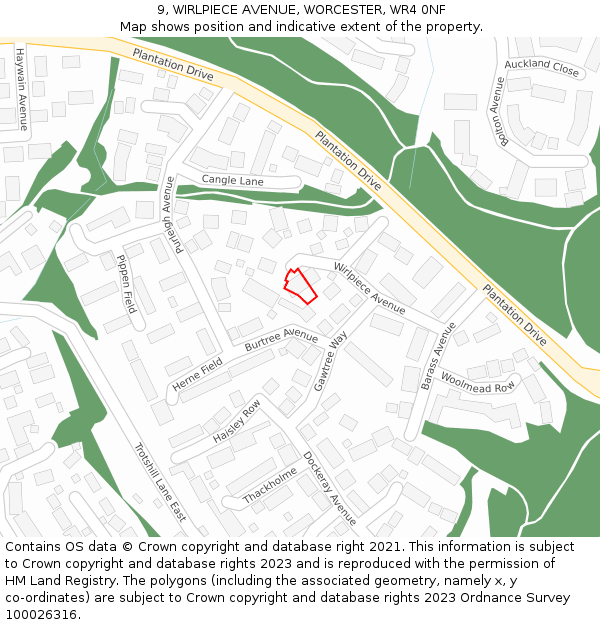 9, WIRLPIECE AVENUE, WORCESTER, WR4 0NF: Location map and indicative extent of plot