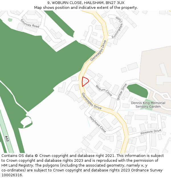 9, WOBURN CLOSE, HAILSHAM, BN27 3UX: Location map and indicative extent of plot