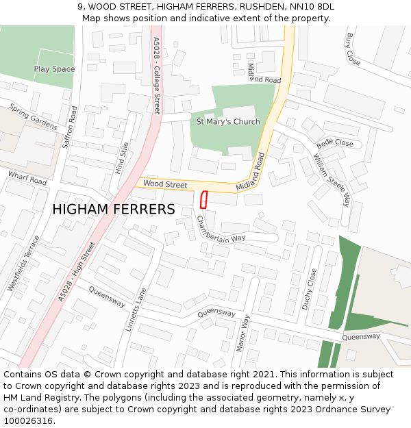 9, WOOD STREET, HIGHAM FERRERS, RUSHDEN, NN10 8DL: Location map and indicative extent of plot
