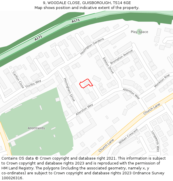 9, WOODALE CLOSE, GUISBOROUGH, TS14 6GE: Location map and indicative extent of plot