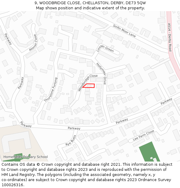 9, WOODBRIDGE CLOSE, CHELLASTON, DERBY, DE73 5QW: Location map and indicative extent of plot