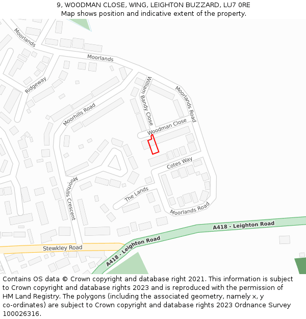 9, WOODMAN CLOSE, WING, LEIGHTON BUZZARD, LU7 0RE: Location map and indicative extent of plot