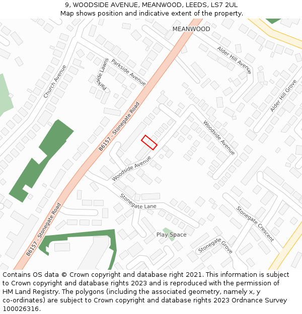 9, WOODSIDE AVENUE, MEANWOOD, LEEDS, LS7 2UL: Location map and indicative extent of plot