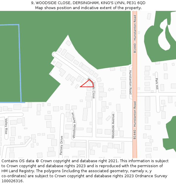 9, WOODSIDE CLOSE, DERSINGHAM, KING'S LYNN, PE31 6QD: Location map and indicative extent of plot