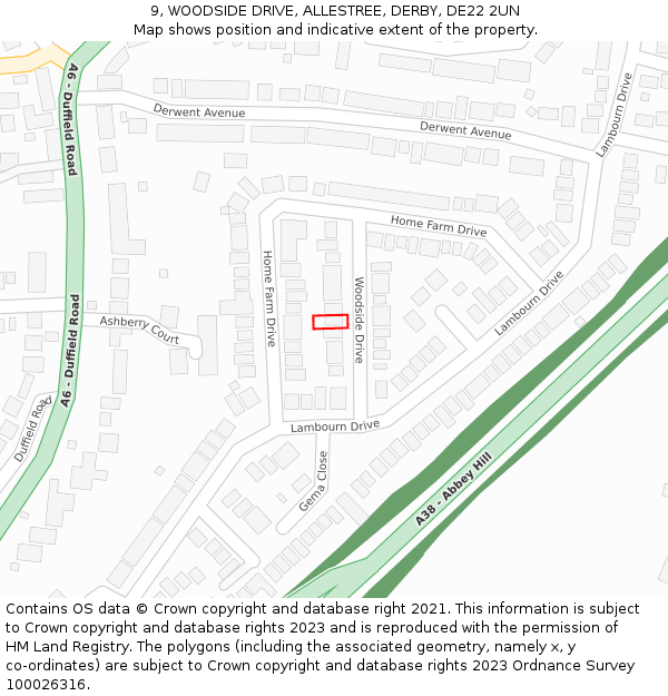 9, WOODSIDE DRIVE, ALLESTREE, DERBY, DE22 2UN: Location map and indicative extent of plot