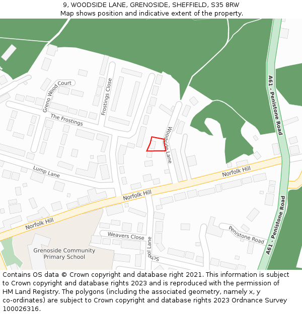 9, WOODSIDE LANE, GRENOSIDE, SHEFFIELD, S35 8RW: Location map and indicative extent of plot
