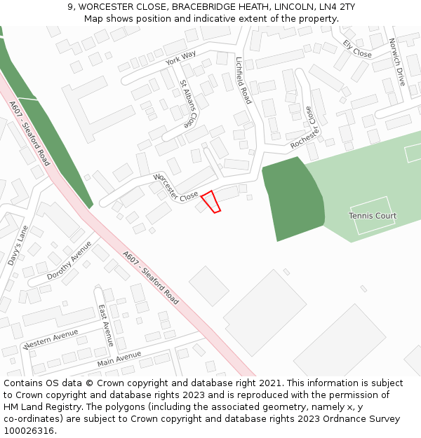 9, WORCESTER CLOSE, BRACEBRIDGE HEATH, LINCOLN, LN4 2TY: Location map and indicative extent of plot