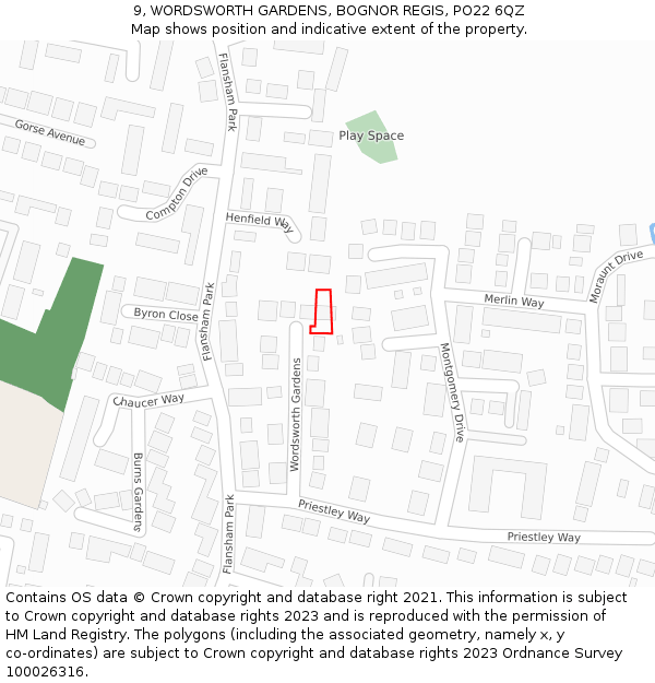 9, WORDSWORTH GARDENS, BOGNOR REGIS, PO22 6QZ: Location map and indicative extent of plot