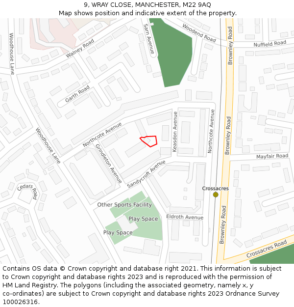 9, WRAY CLOSE, MANCHESTER, M22 9AQ: Location map and indicative extent of plot