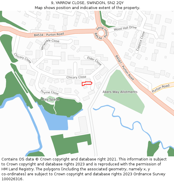 9, YARROW CLOSE, SWINDON, SN2 2QY: Location map and indicative extent of plot