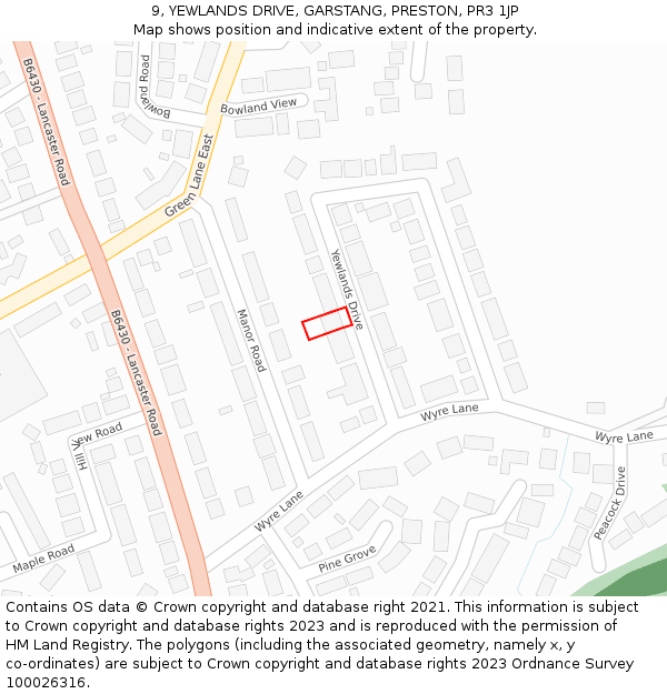 9, YEWLANDS DRIVE, GARSTANG, PRESTON, PR3 1JP: Location map and indicative extent of plot