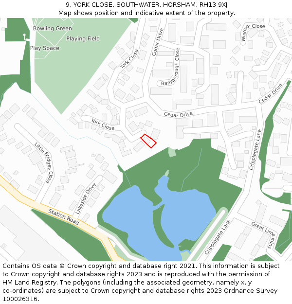 9, YORK CLOSE, SOUTHWATER, HORSHAM, RH13 9XJ: Location map and indicative extent of plot